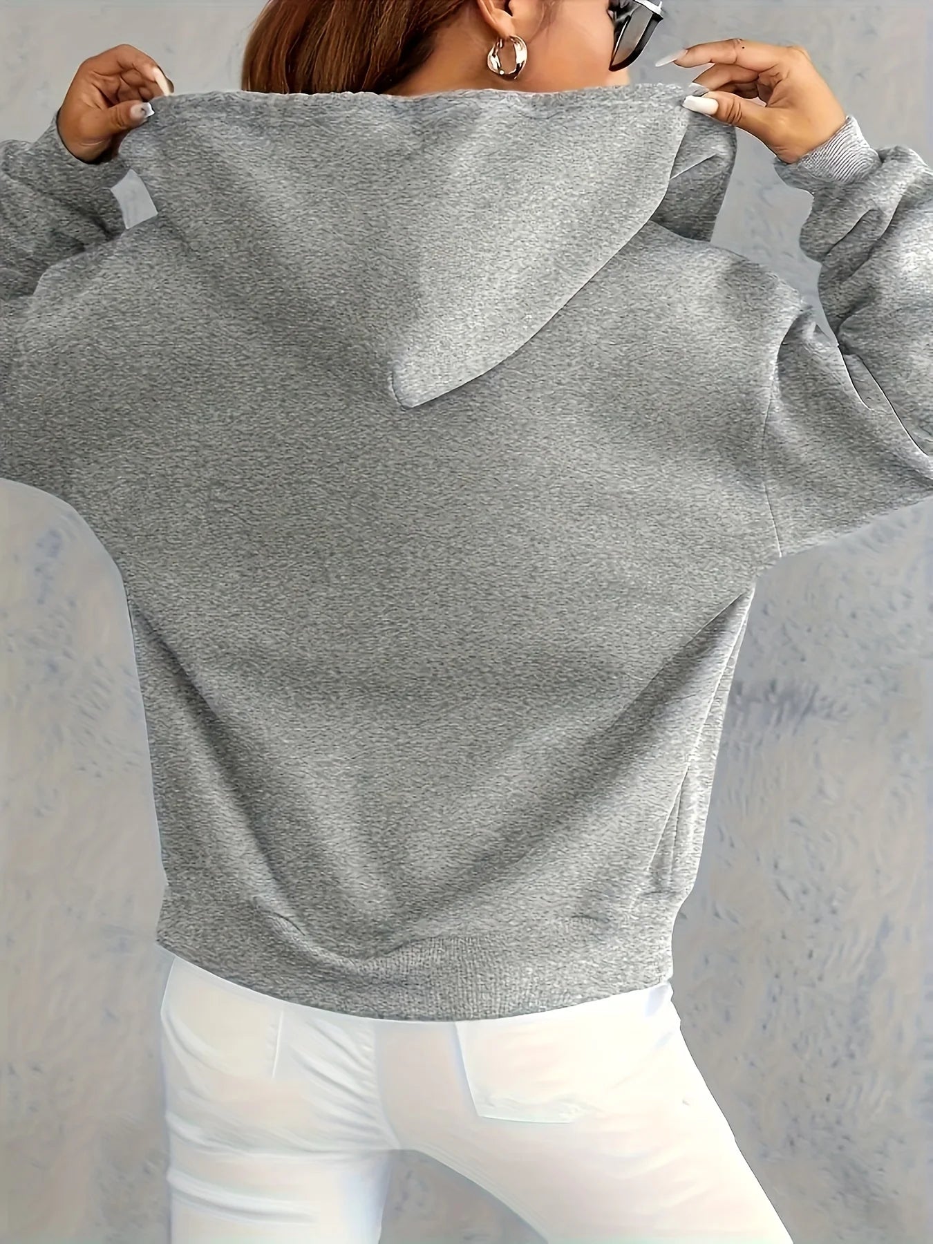 Women's Hoodie - Cozy Brown Zip-Up with White Print Casual Long Sleeve Sweatshirt  Drop Shoulder Design Relaxed Fit Winter W